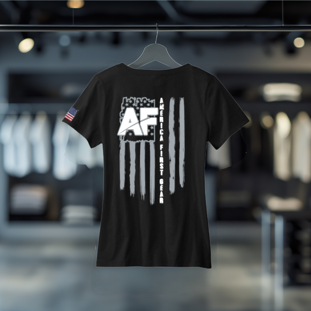 Shirts - Women’s V-Neck Tee (100% Cotton) - “AF” America First & “BTB” Be The Buffalo (Back Logo)
