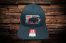 Front view of Richardson 110 Flexfit mesh hat with solid black front and mesh back, red buffalo embroidery over silver flag design, and AFG lettering above