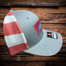 Heather gray front panel with red, white flag-style mesh back, red/blue American buffalo and flag design embroidered on front, Richardson 112 Snapback.