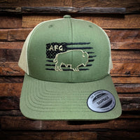 Front view of Yupoong 6606 snapback hat with olive green front, tan mesh back, black flag and buffalo embroidery with white outline, and AFG stitched above buffalo.