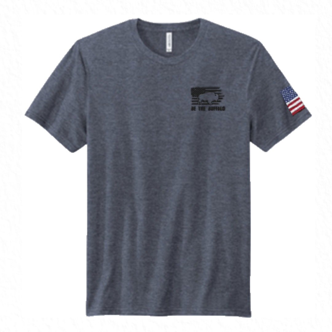 Unisex-Heather Blue Tri-Blend Shirt with Black Be The Buffalo & Flag on the front