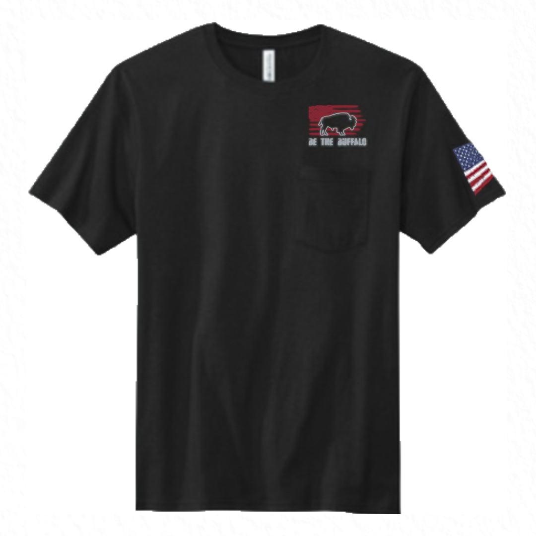 Unisex Black Pocket 100% Cotton Tee - (Red) Buffalo & Flag on Front