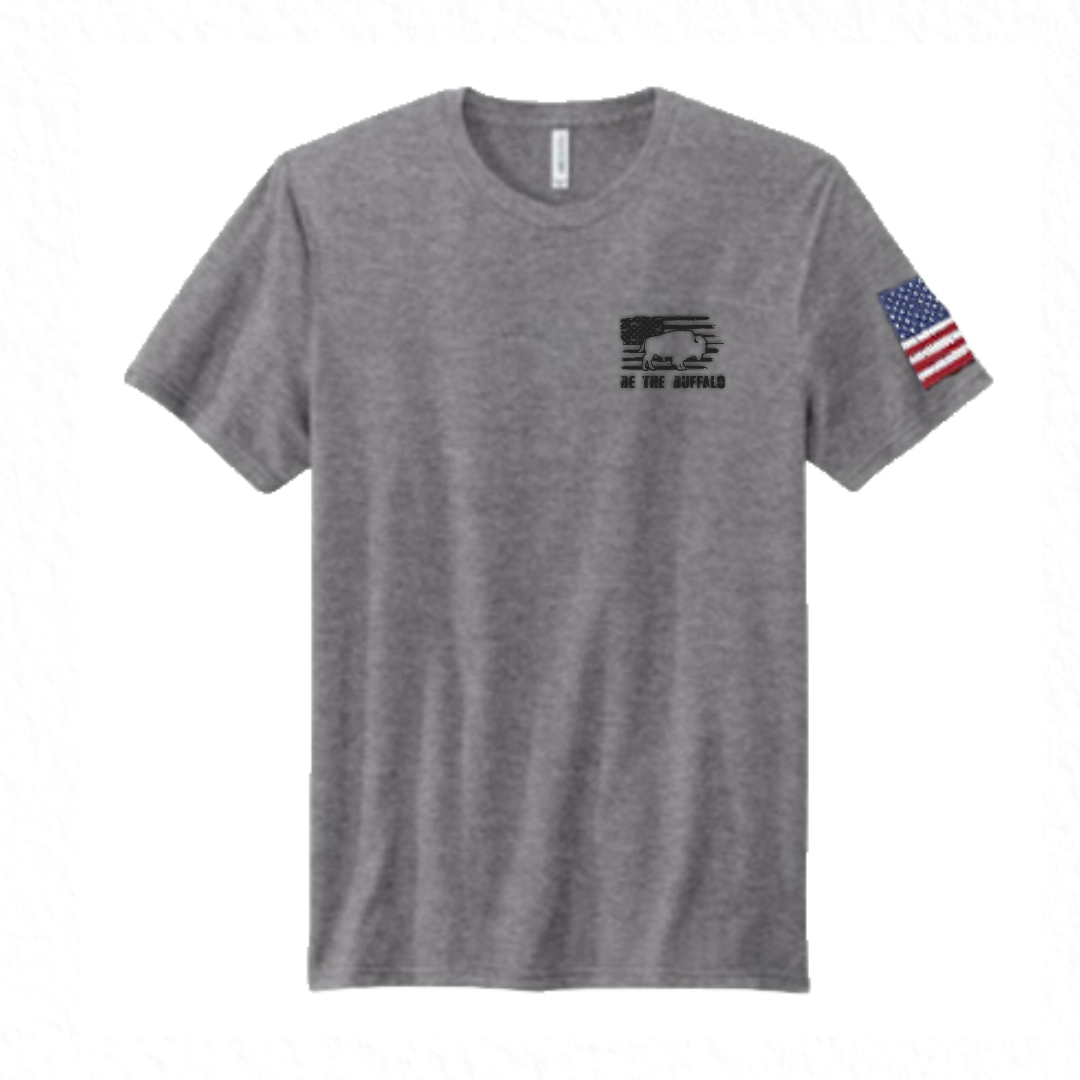Unisex Gray 100% Cotton Tee - Buffalo & Flag on Front
