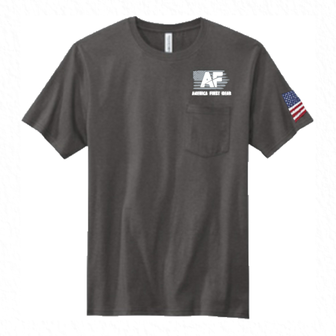 Unisex Gray Pocket 100% Cotton Tee-AF & Flag on Front