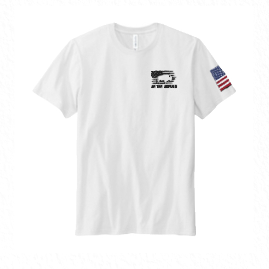 Unisex White 100% Cotton Tee - Buffalo & Flag on Front