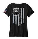Women's Black V-Neck 100% Cotton Tee-Buffalo & Flag on Back