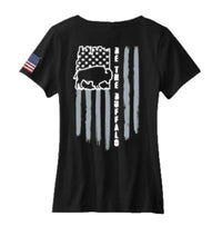 Women's Black V-Neck 100% Cotton Tee-Buffalo & Flag on Back