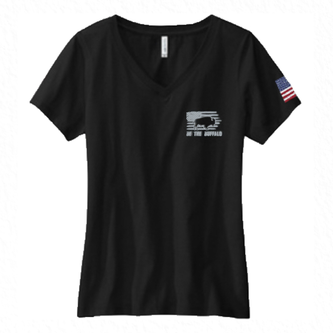 Women's Black V-Neck 100% Cotton Tee-Buffalo & Flag on Front