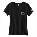 Women's Black V-Neck 100% Cotton Tee-Buffalo & Flag on Front