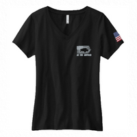Women's Black V-Neck 100% Cotton Tee-Buffalo & Flag on Front