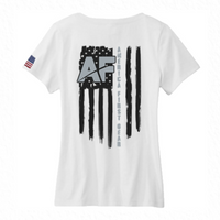 Women's White V-Neck 100% Cotton Tee-AF & Flag on Back.
