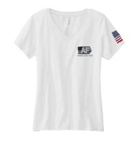 Women's White V-Neck 100% Cotton Tee-AF & Flag on Front