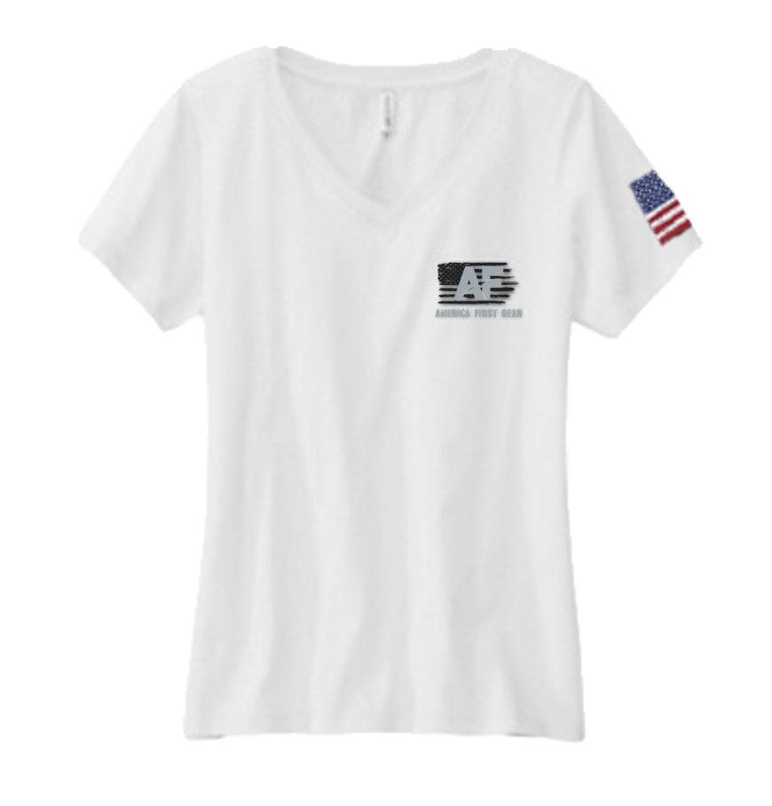 Women's White V-Neck 100% Cotton Tee-AF & Flag on Front