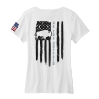Women's White V-Neck 100% Cotton Tee-Buffalo & Flag on Back