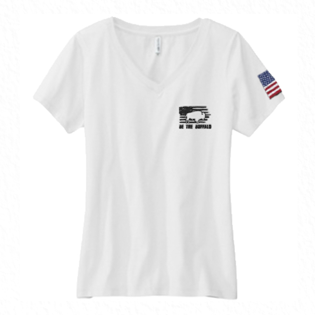 Women’s V-Neck Tee (100% Cotton) “AF” America First / “BTB” Be The Buffalo (Back Logo)
