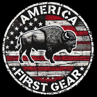 America First Gear patriotic buffalo logo with distressed American flag on black background