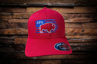 Red Flexfit 5001 fitted hat with blue and white AFG buffalo logo on front