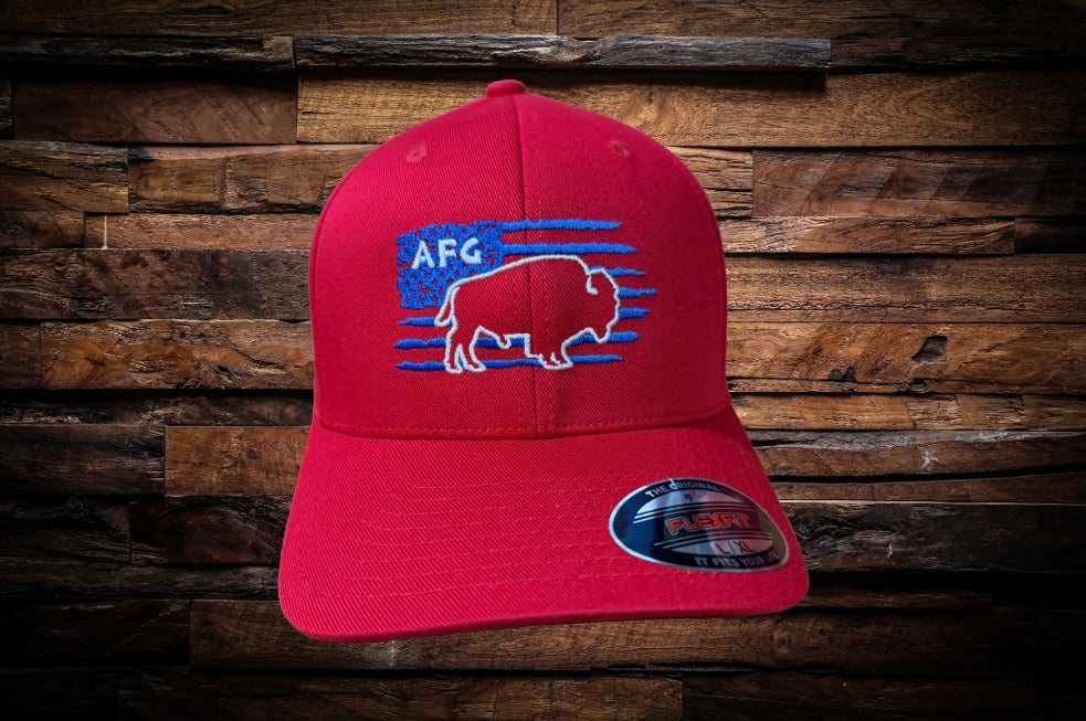 Red Flexfit 5001 fitted hat with blue and white AFG buffalo logo on front