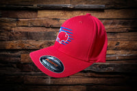 Left side profile of red Flexfit 5001 fitted hat