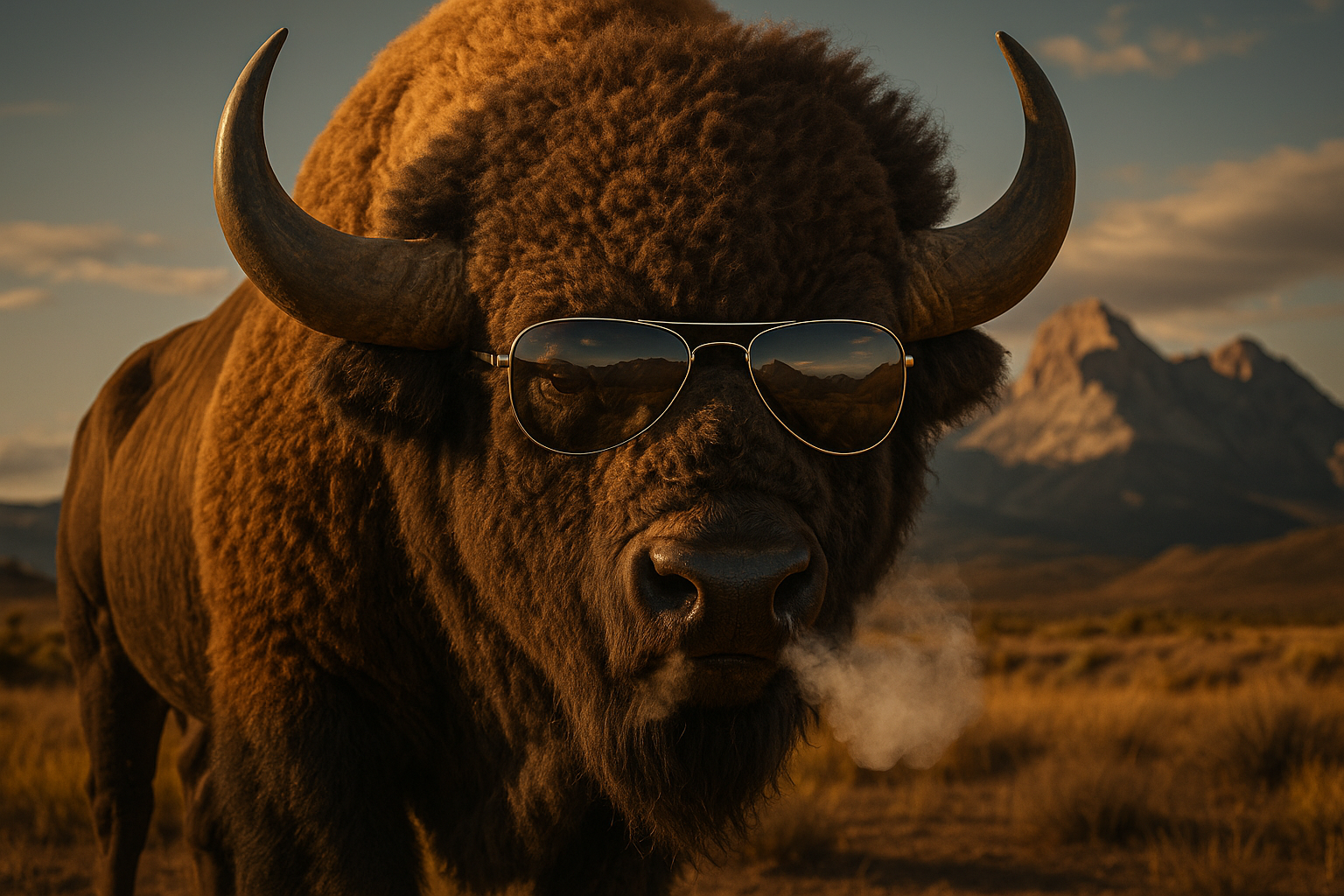Bad ass buffalo with aviator sunglasses on